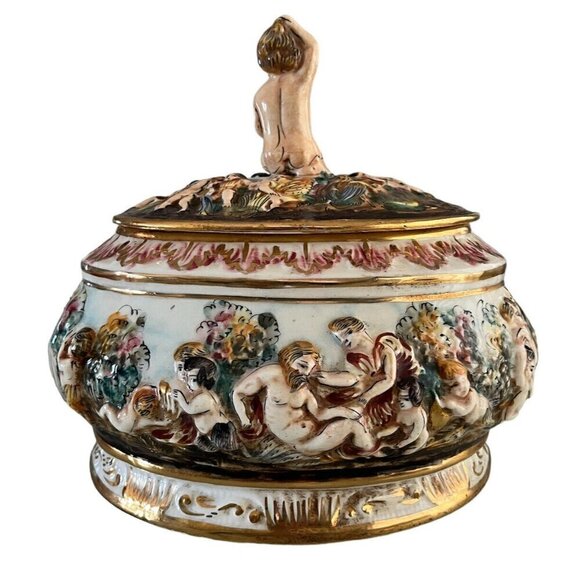 Antique Vintage Capodimonte Porcelain Cherub Centerpiece Bowl w/Lid - ITALY - Picture 2 of 15